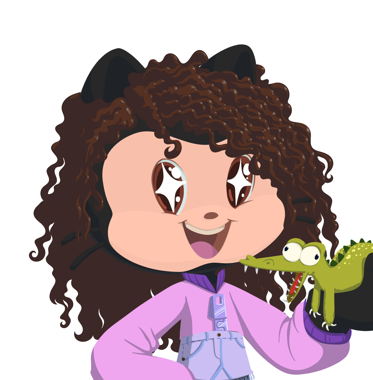 A girl octocat with cat ears and tentacles that has white skin, curly brown hair, bright eyes and a smile. She is wearing a purple jacket and holding a tiny alligator.